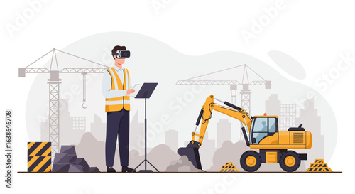 Construction worker using virtual reality to operate machinery on a building site, overseeing the project.
