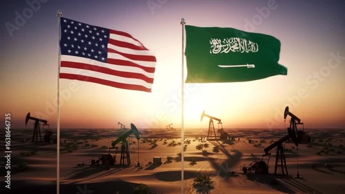 United states and saudi arabia flags waving over desert landscape with oil pumps at sunset view