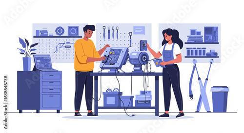 Two people, a man and a woman, are working together on a technical project, examining equipment on a workbench in a workshop setting.