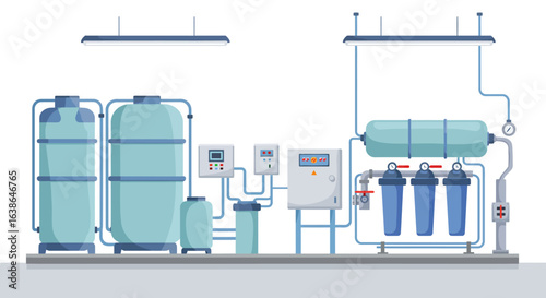 Industrial water purification plant with tanks, filters, and a reverse osmosis system.