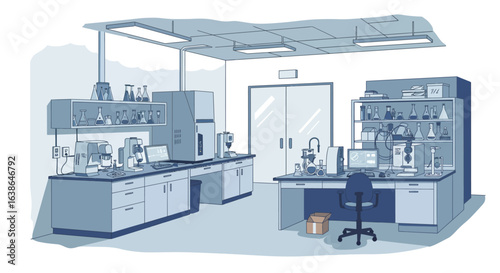 Illustration of a laboratory interior with benches, equipment, computers, shelves filled with glassware and chemicals, and a doorway.