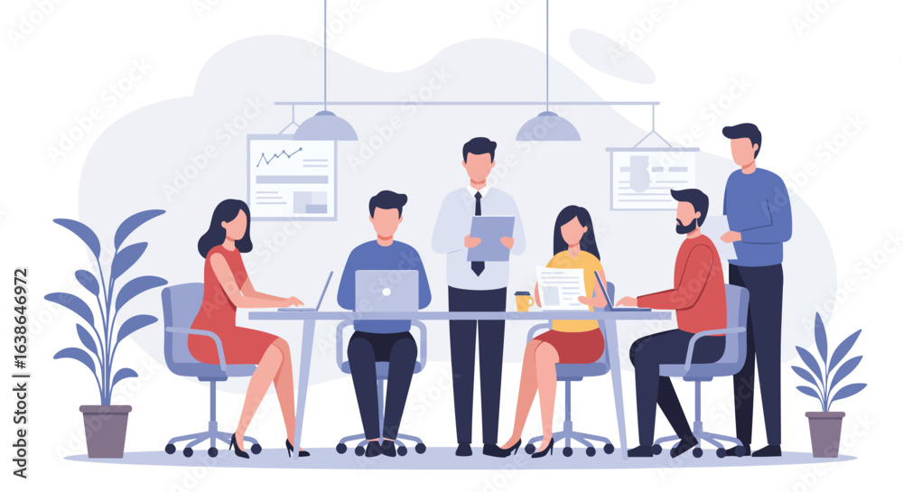 Obraz premium A diverse group of professionals collaborating in a modern office meeting, discussing ideas around a conference table with laptops and documents.