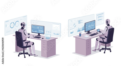 Two robots analyze data on large computer screens at their desks.