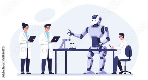 Scientists and a robot collaborate on a scientific experiment in a laboratory setting.