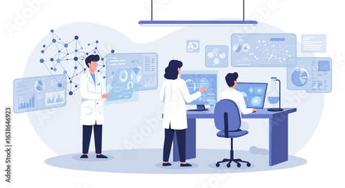 Scientists collaborate on data analysis in a modern laboratory, using interactive displays and computer technology.