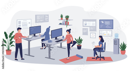Modern office workers taking breaks; stretching, using laptops, and working at standing desks.