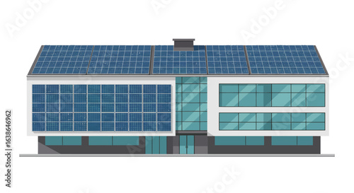Modern building with solar panels on roof and facade, showcasing sustainable design.