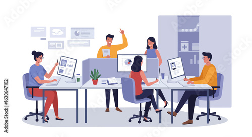 A group of diverse colleagues working together in a modern office space, collaborating and brainstorming around computer displays.