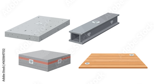Construction materials: concrete slabs, steel beam, composite panel, wooden decking.