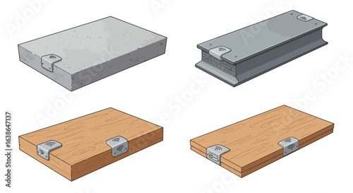 Various materials secured with L-brackets: concrete, steel, wood.