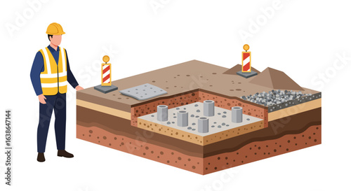 An engineer in a hard hat inspects a cutaway diagram of a deep pile foundation system in soil layers.