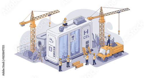 Workers and cranes construct a large hydrogen fuel cell power unit for clean, sustainable energy.
