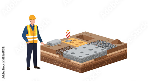 A construction worker in a hard hat and vest stands beside an isometric ground cross-section showing various stages of foundation and pavement layers.