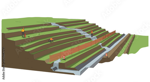 Illustration depicting a terraced landscape with water channels and workers engaged in construction or maintenance activities on a hillside.