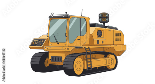 A yellow tracked vehicle with a spacious cabin, designed for rugged terrain and equipped with lights and antennas for specialized operations.