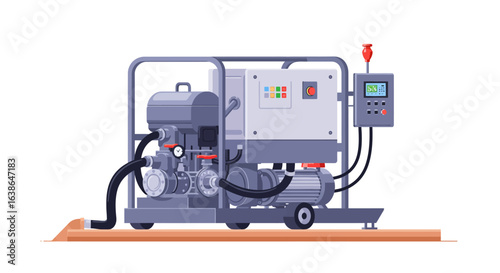 A portable industrial pump unit with a diesel engine, control panel, and hoses, designed for fluid transfer operations.