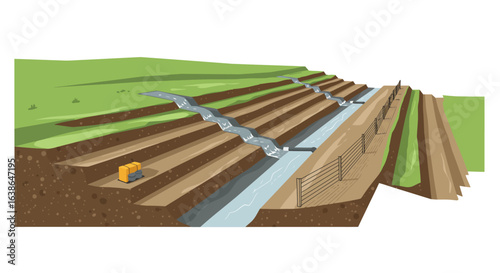 Detailed illustration of a terraced landscape featuring water flow management and an excavator.