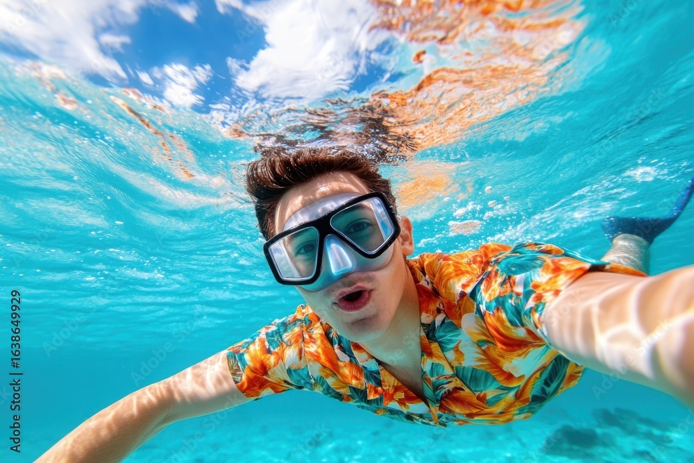 Fototapeta premium A man in a floral shirt takes a selfie underwater, while wearing a diving mask and flippers, enjoying clear blue water.
