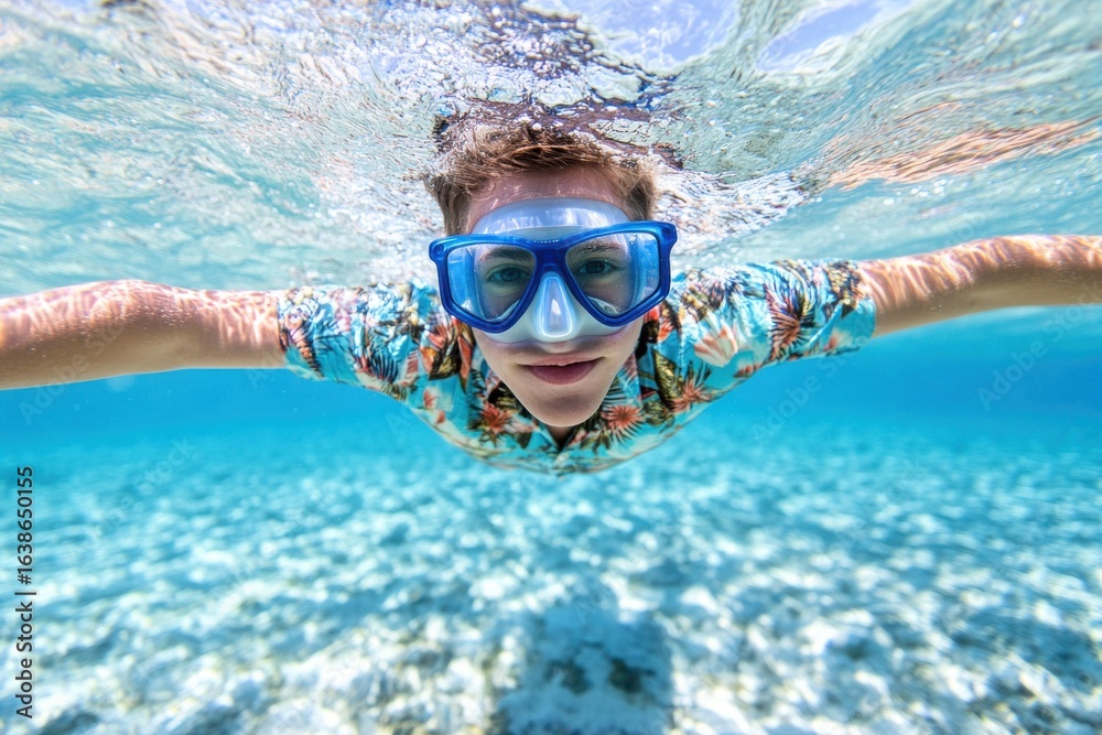 Naklejka premium A young man with dive mask swims underwater, exploring crystal clear turquoise water, above white sandy ocean floor.