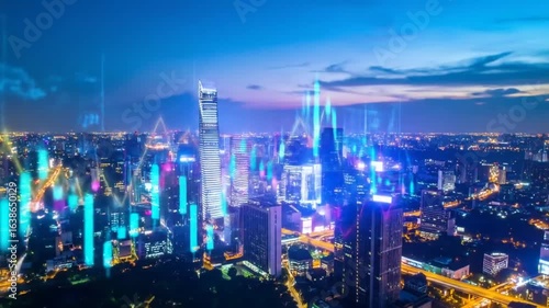 Wallpaper Mural Futuristic Cityscape at Night with Financial Data Overlay, representing modern business Torontodigital.ca