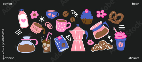 Cartoon set of coffee drinks and tools. Hand drawn vector doodles of espresso machine, moka pot, to-go cup, pour-over kettle, and milk carton.Brewing devices, pink kettle, roasted beans