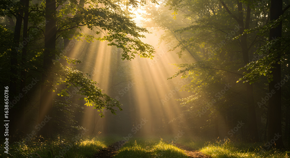Obraz premium Golden sunbeams pierce through a misty forest canopy, illuminating a winding path through lush green foliage and trees.