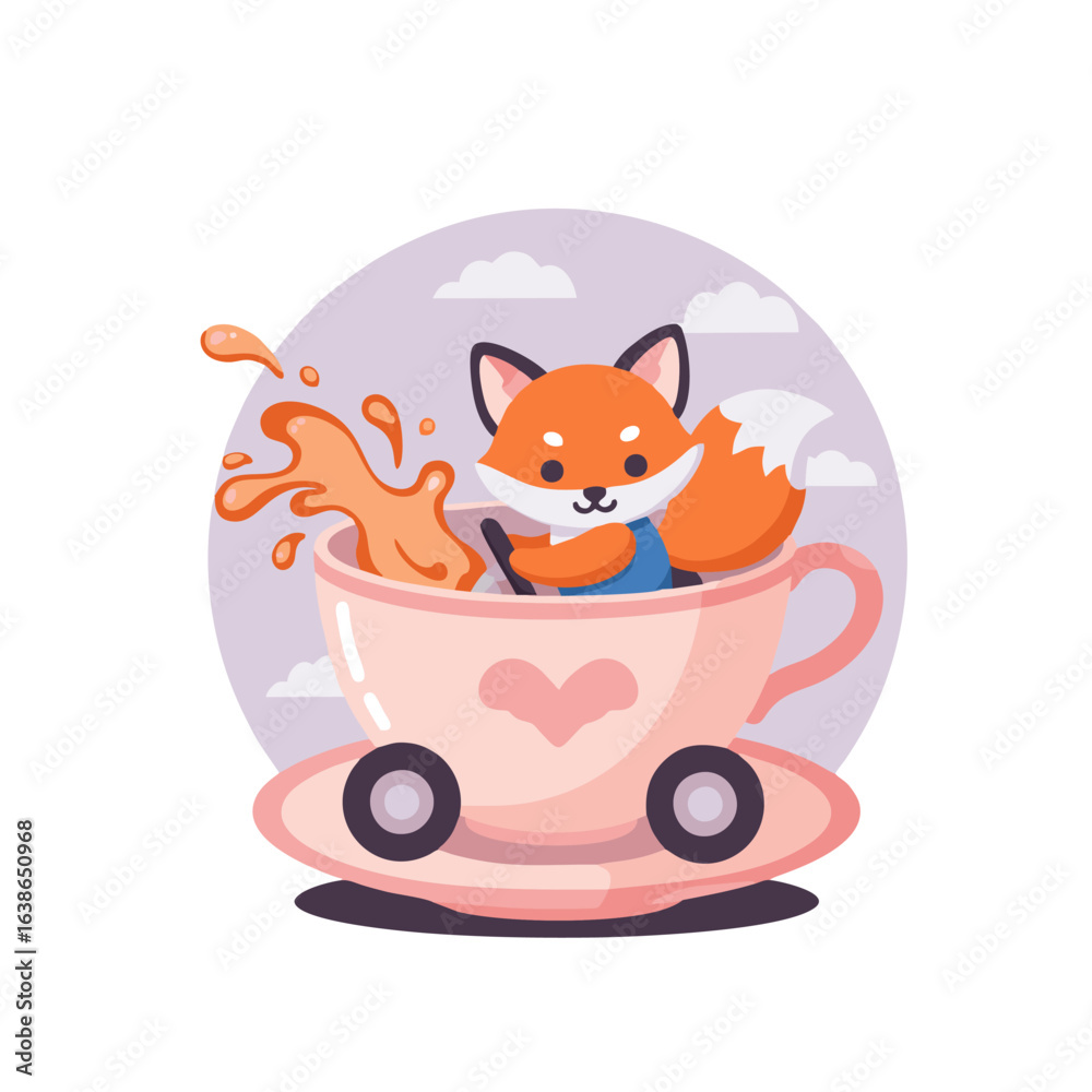 Obraz premium A cartoon fox driving a teacup car, splashing tea playfully.