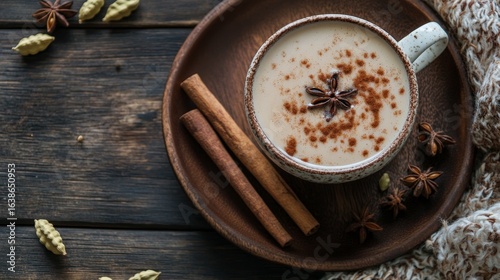 Overhead shot of spiced chai tea in ceramic cup with cinnamon sticks and cardamom pods