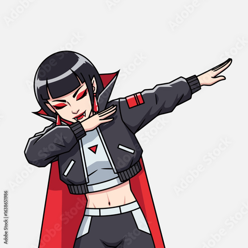 Halloween vampire girl dabbing in a modern outfit on gray background  