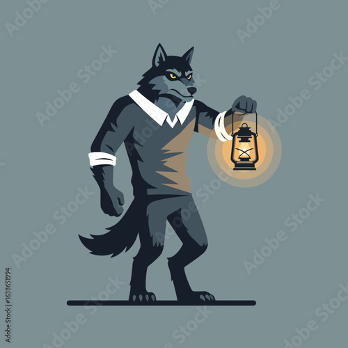 Werewolf holding lantern in Halloween-themed vector illustration  