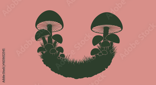 Halloween vector illustration of smiling mushrooms on pink background  