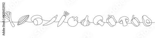 Fresh organic vegetables. Potato, chili pepper, carrot, tomato, spring onions, garlic bulb, mushroom, bell pepper, avocado one line continuous drawing