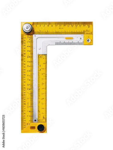 Yellow carpenters square with ruler and markings, isolated on transparent background
