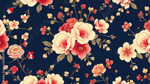 Vintage plant pattern in Japanese style. Image of roses on a dark background
