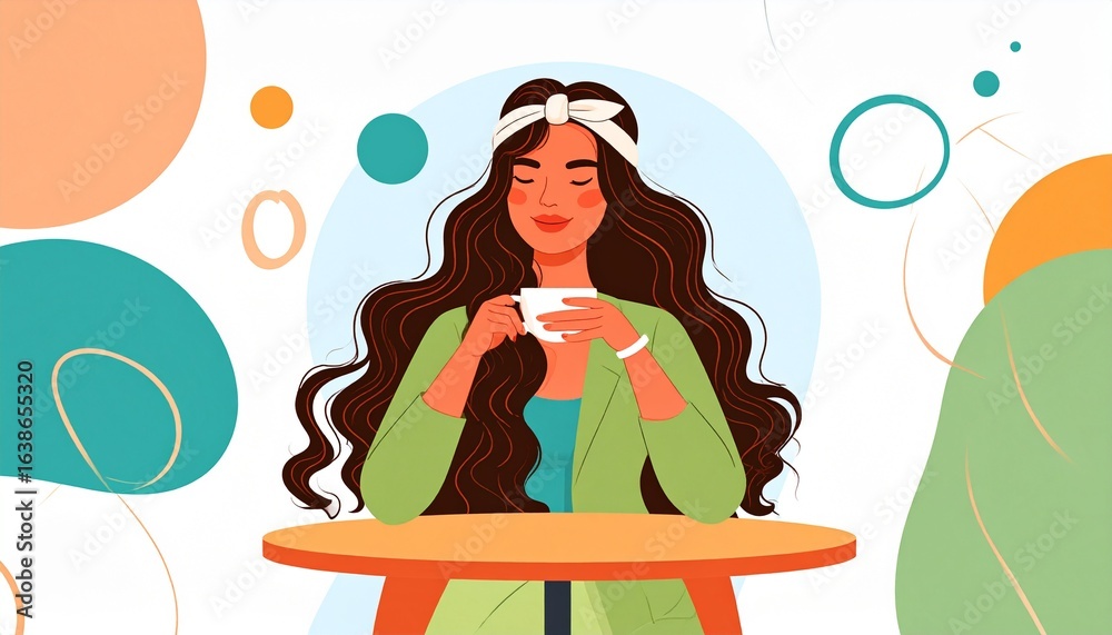 Cozy Morning with Coffee and Hairband. A woman in her pajamas, greeting the morning with a cup of coffee. She wears a simple, soft, stretchy hairband to manage her 