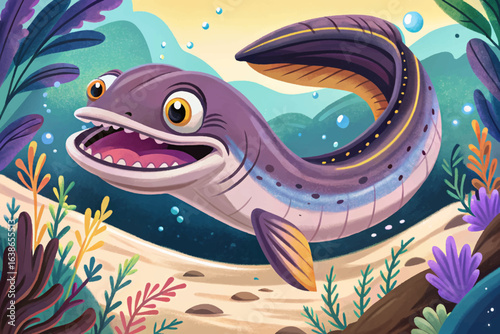 Gulper eel with its enormous mouth swimming in the abyss, a surreal and rare deep-sea creature marine wildlife art, ocean exploration, and nature themes