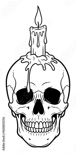 Skull with Candle on Top, Outline Drawing