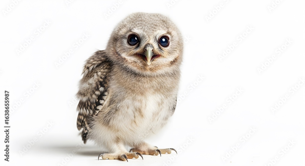 Fototapeta premium Adorable Baby Owl Portrait on White Background