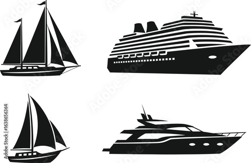 Nautical vessel silhouettes set, 4 black ship icons in EPS format, cruise liner and luxury yacht graphics, sailboat and schooner vector illustrations
