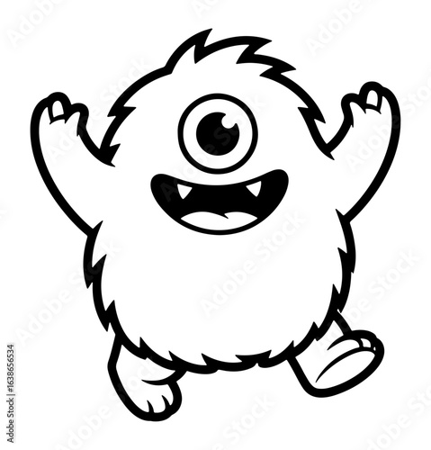 Cute Cartoon One-Eyed Monster Black and White Illustration