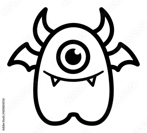 Cute One-Eyed Monster with Horns and Wings, Black and White Line Art Illustration
