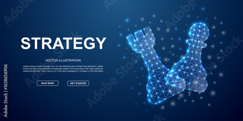 Polygonal glowing chess rook and pawn with network mesh, futuristic low poly digital illustration on dark blue background