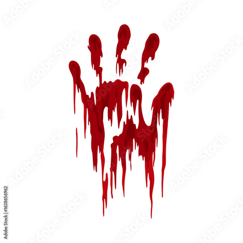Gruesome dripping red handprint with multiple trails, horror blood vector art on white background