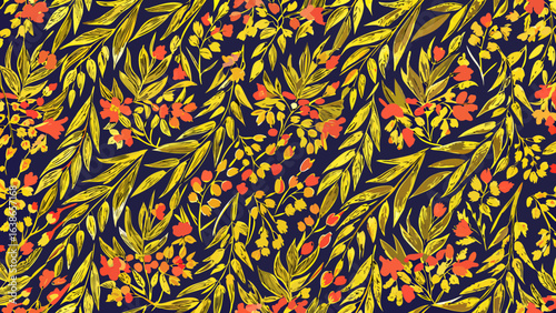 Floral pattern with yellow leaves and red flowers on dark background  