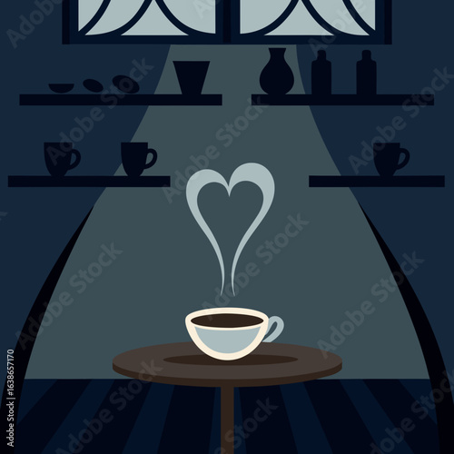 Hot coffee cup on wooden table with heart-shaped steam in café  