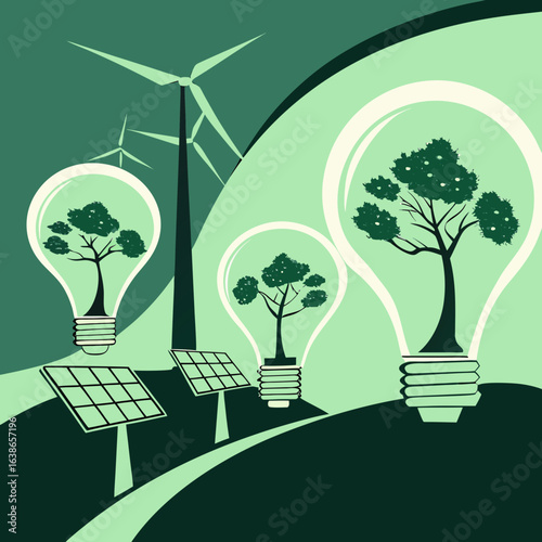 Renewable energy concept with light bulbs, trees, and wind turbines  