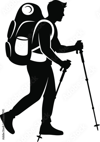 Vector art of hiker with backpack and trekking poles isolated on white background