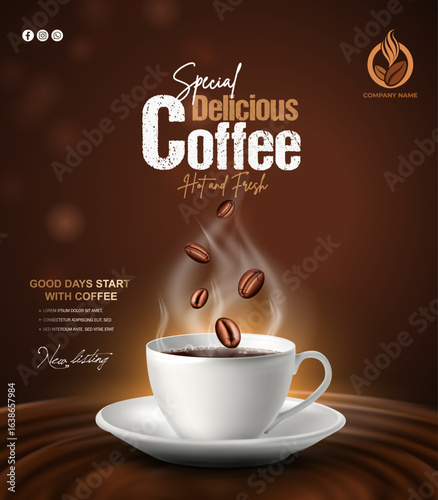 special hot coffee with white cup bokeh background