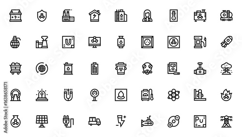 Nuclear Energy icon set. Minimal vector icons pack. Includes symbols for power plant, radiation, uranium, scientist, reactor, safety, bomb, energy and more. Editable stroke.