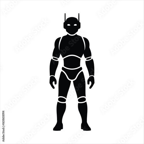 Black silhouette of a humanoid robot with segmented limbs on white background icon symbol